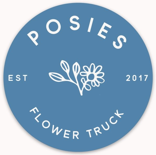 Posies Flower Truck logo in a blue circle with white text