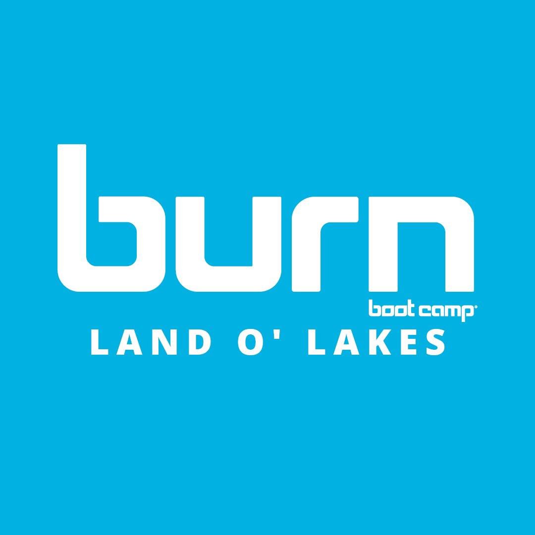 White text that reads "burn boot camp at Land O' Lakes" on light blue background.