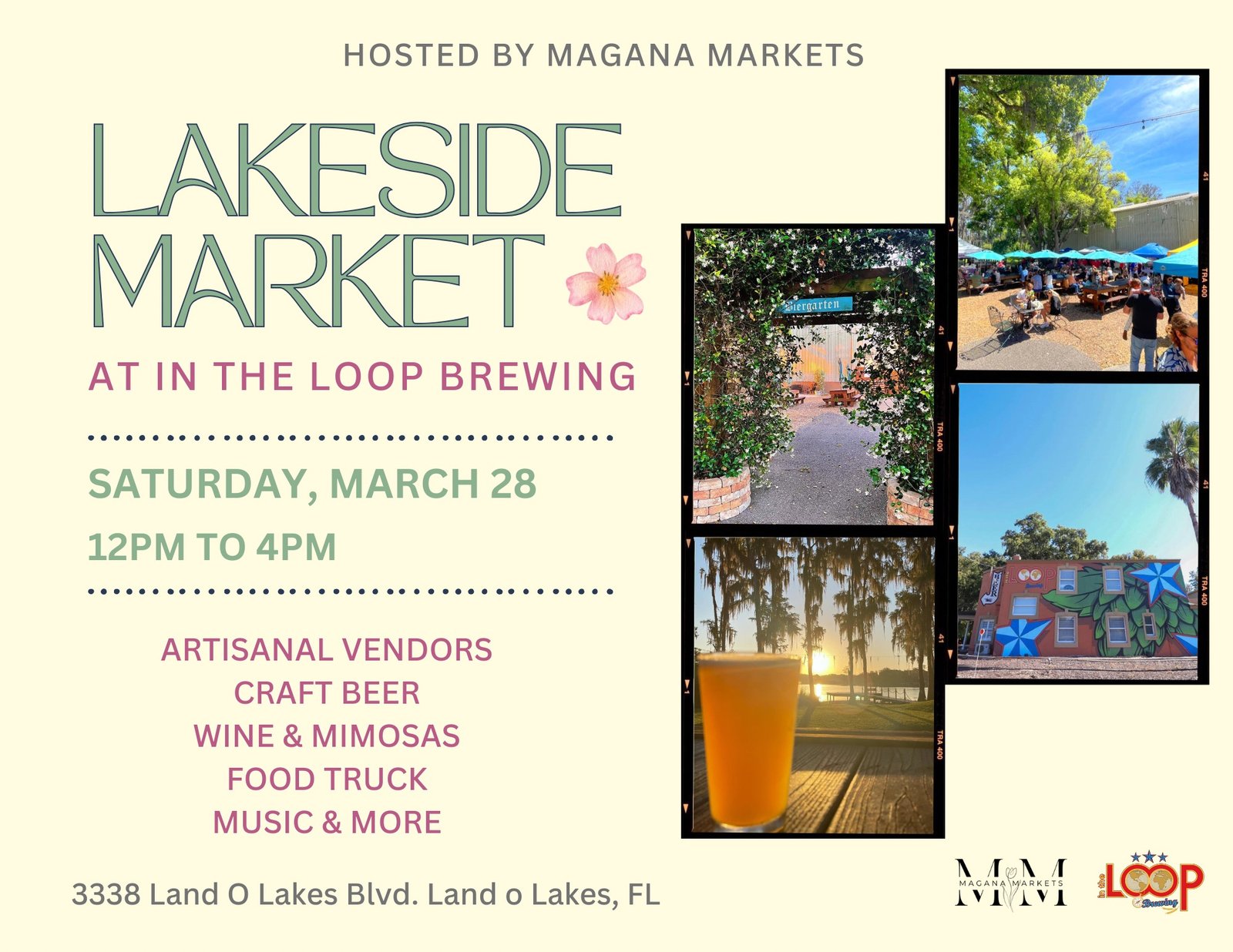 Lakeside Market at In the Loop Brewing in Land O Lakes Florida on March 28, 2026. Event includes artisanal vendors, craft beer, wine & mimosas, food trucks, music and more.
