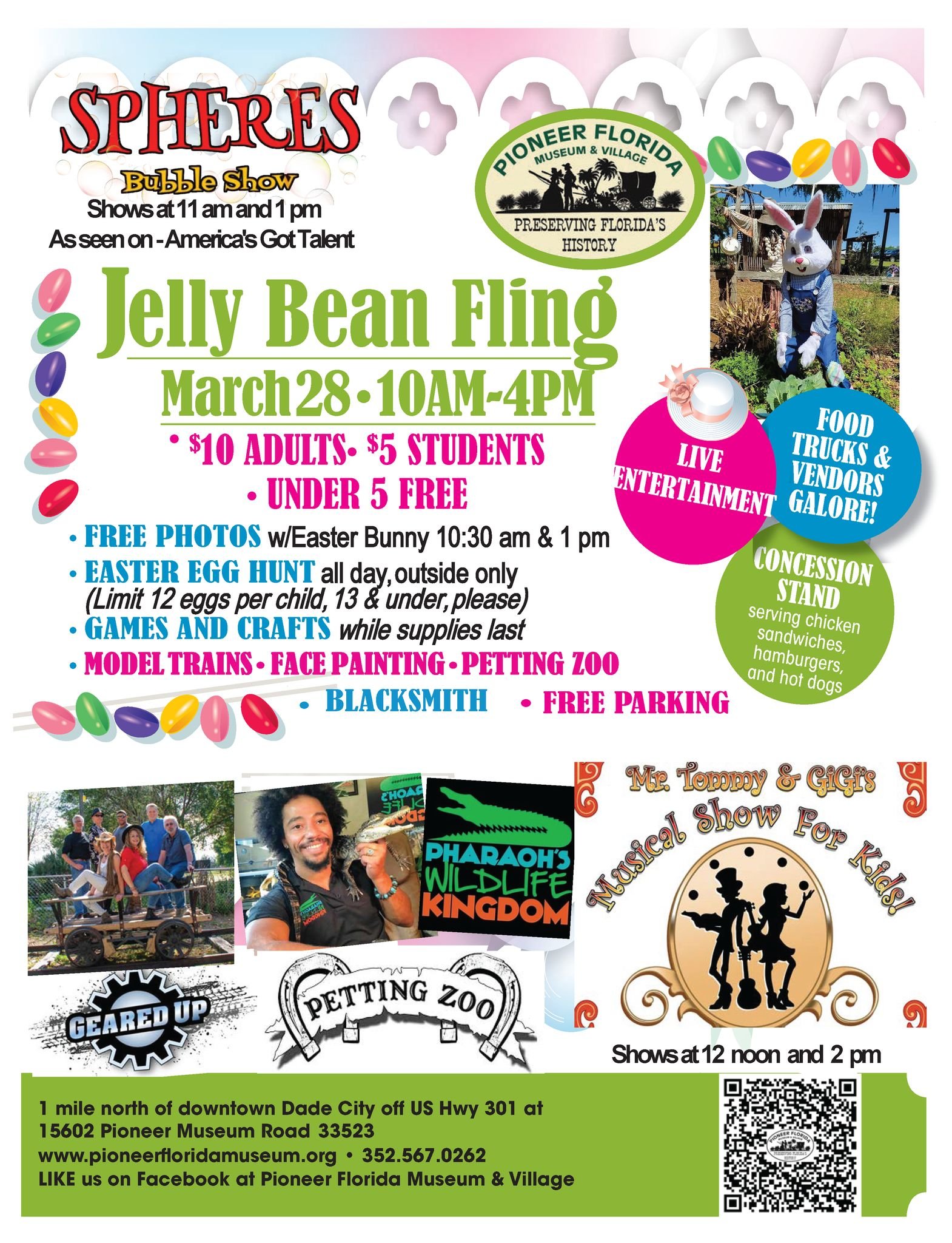 Jelly Bean Fling hosted by Pioneer Florida Museum and Village on March 28th 2026 from 10am-4pm. $10 adults, $5 students and kids under 5 free. Poster details events such as live entertainment, food trucks, free photos, easter egg hunt, games and crafts, model trains, face painting, petting zoo, blacksmith and free parking.