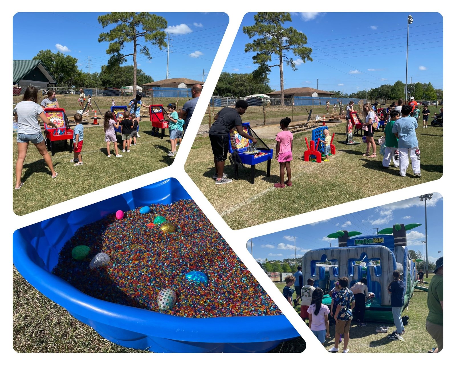 Collage of images showing kids and parents playing various games, a bounce house and a kiddie pool filled with jelly beans and easter eggs at Bunny Hop Extravaganza! at the Land O Lakes Recreation Center in Land O Lakes, Florida.
