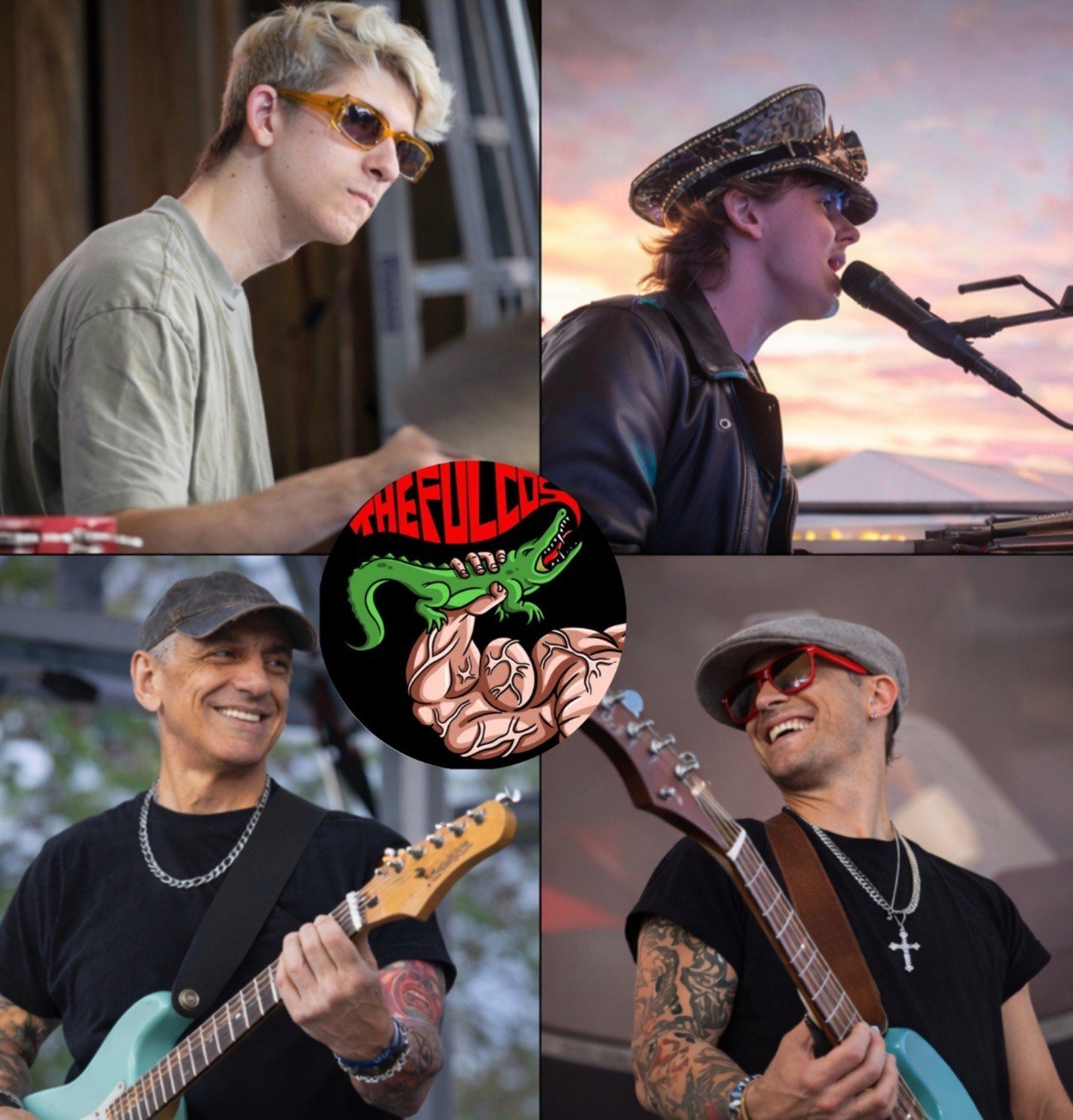 Four musicians playing instruments with a logo in the middle for the band "The Fulcos" depicting an alligator being held by a very muscular arm