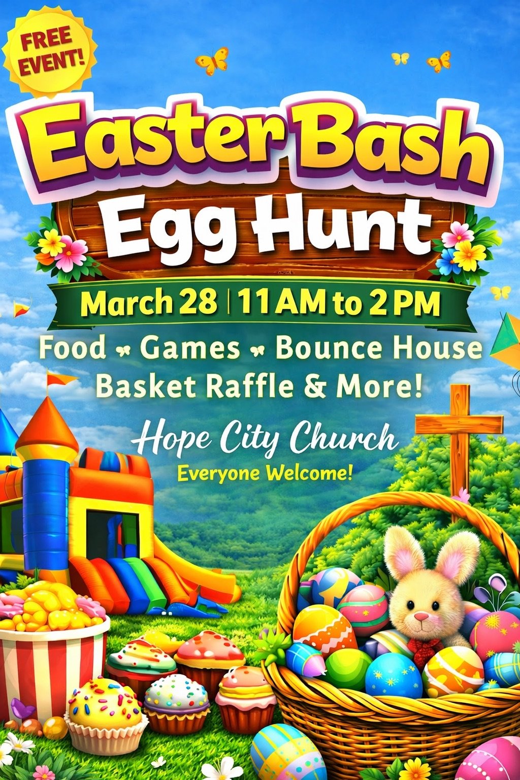 Easter Bash Egg Hunt on March 28 from 11am-2pm at Hope City Church in Land O' Lakes, Florida