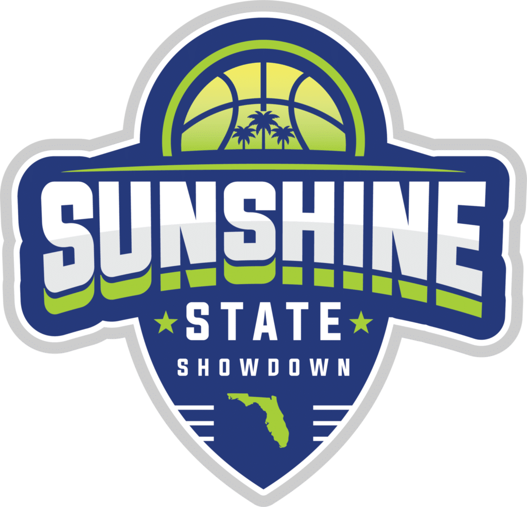 Sunshine State Showdown logo blue background with stylized yellow basketball behind the text