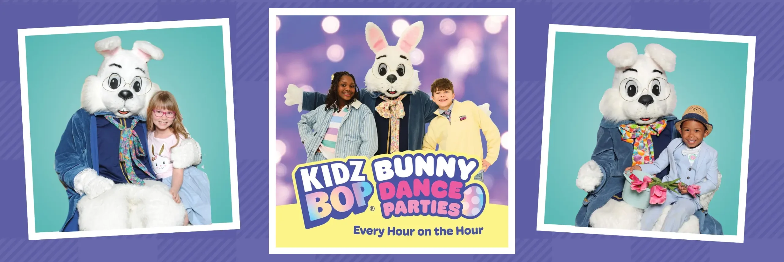 3 square photos of easter bunny posing for photos with kids