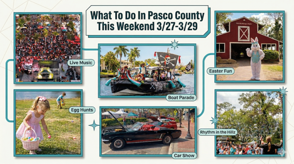 Flyer for What To Do in Pasco County This Weekend (March 27-29, 2026) showing the following: live music stage and crowd, boat parade, easter bunny in front of barn, girl easter egg hunting, car in a car show, bubble show with a crowd of people.
