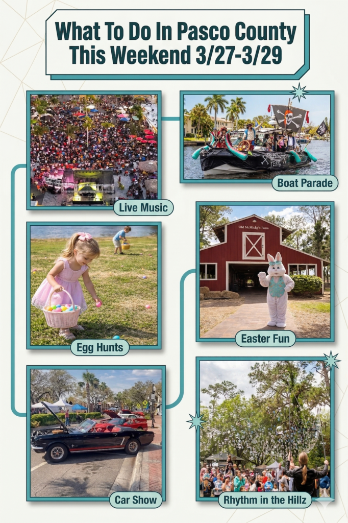 Flyer for What To Do in Pasco County This Weekend (March 27-29, 2026) showing the following: live music stage and crowd, boat parade, easter bunny in front of barn, girl easter egg hunting, car in a car show, bubble show with a crowd of people.