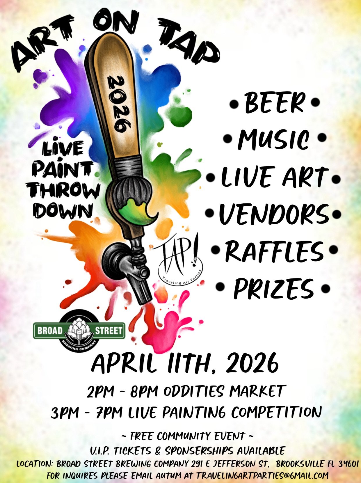 Art on Tap poster. A large beer tap pouring red paint on the text details of the event.