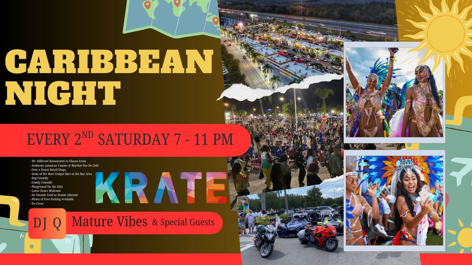 collage of photos featuring Caribbean dancers, aerial shots of Krate at the grove, motorcycles parked in a lot and people dancing at night at Krate. Caribbean Night at Krate details on poster.