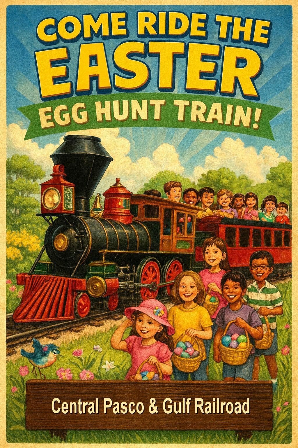 Come ride the Easter Egg Hunt Train! text above children holding easter egg baskets standing in front of a train full of children.