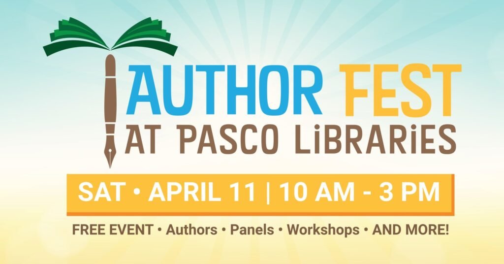 Palm tree logo green palms and brownpen as the trunk. Text reads Author Fest at Pasco Libraries on Saturday April 11 from 10am to 3pm