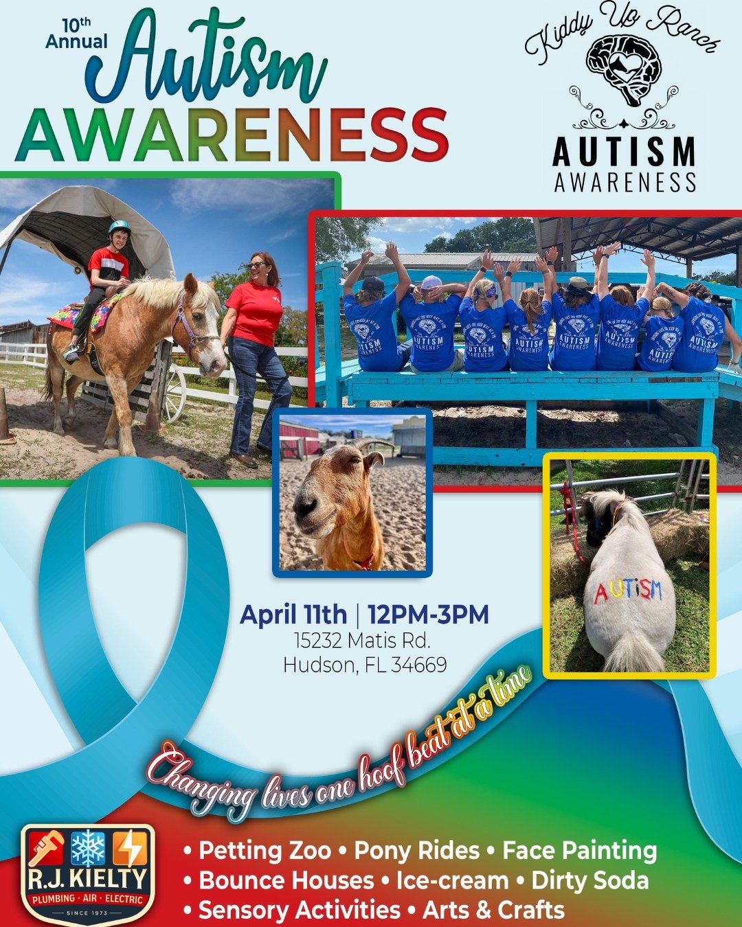 10th Annual Autism Awareness text in rainbow color. Collage of photos including a child riding a horse being led by a woman in a red shirt, 8 people on a bench wearing blue shirts with their backs to the camera and their hands in the air, a picture of a brown goat, and picture of white horse with the word autism in rainbow colors on its back.
