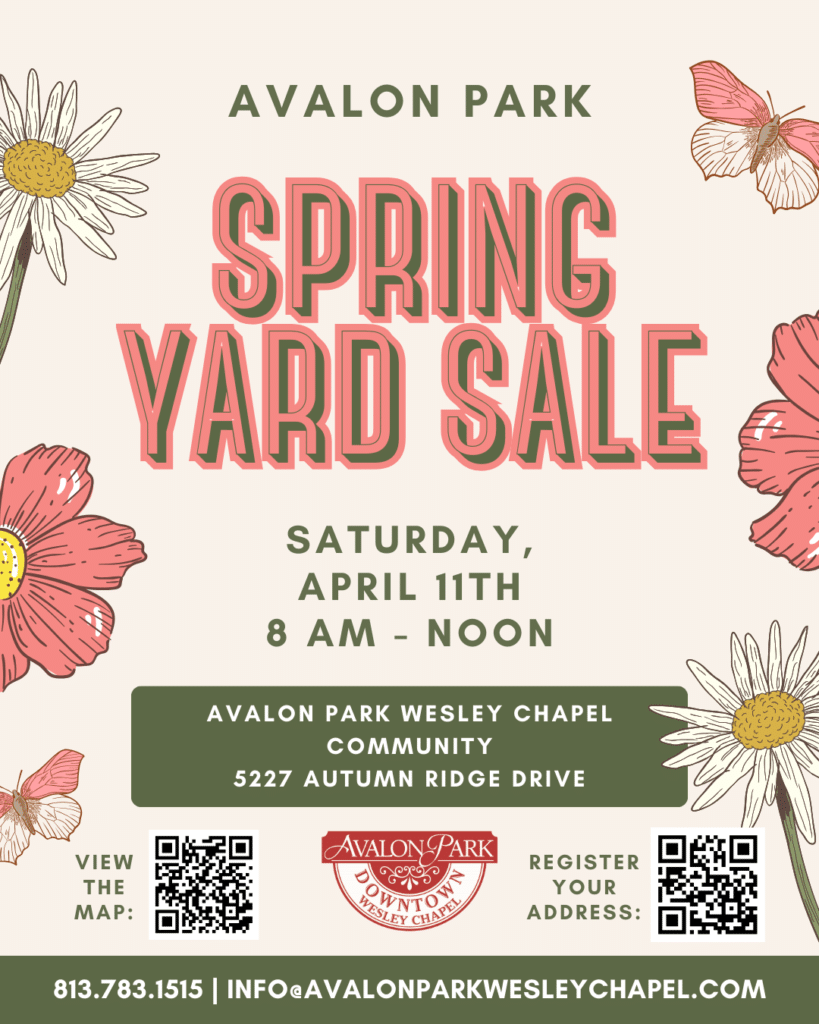 Avalon Park Spring Yard Sale event details with flowers and butterflies along the sides of the poster.