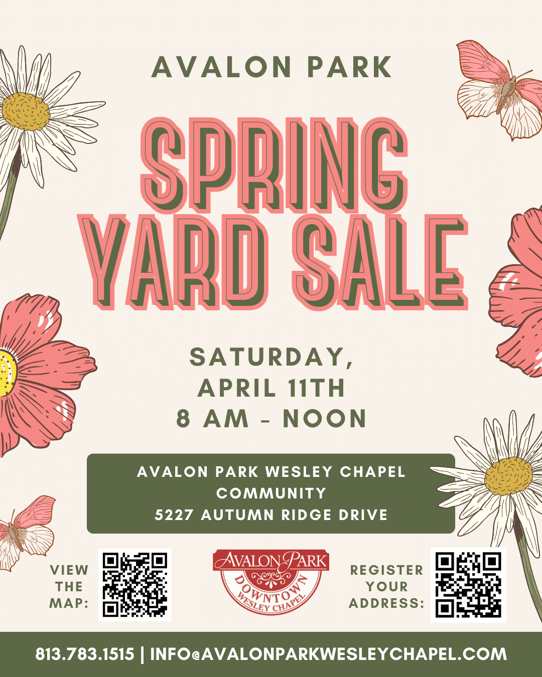 Avalon Park Spring Yard Sale event details with flowers and butterflies along the sides of the poster.