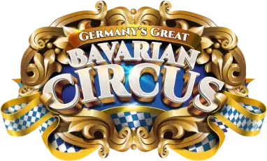 Germany's Great Bavarian Circus logo on ornate gold frame with checkered ribbon