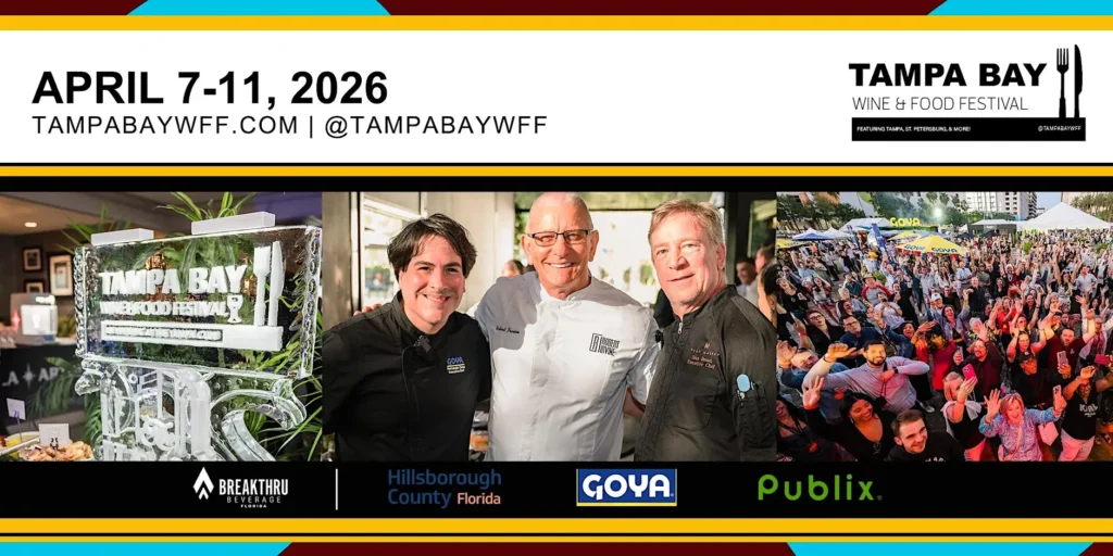 Collage of photos including an ice sculpture with Tampa Bay Wine and Food Festival etched into it, three men in chef's jackets smiling, and a crowd smiling at the camera in an outdoor event