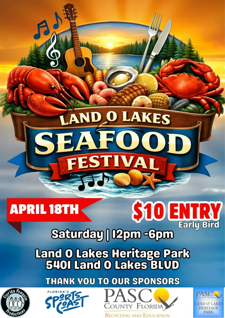 lobsters, guitar, utensils, crab, and various foods in a basket in front of a lake with a setting sun. Banner reads Land O Lakes Seafood Festival. Below it are event details.